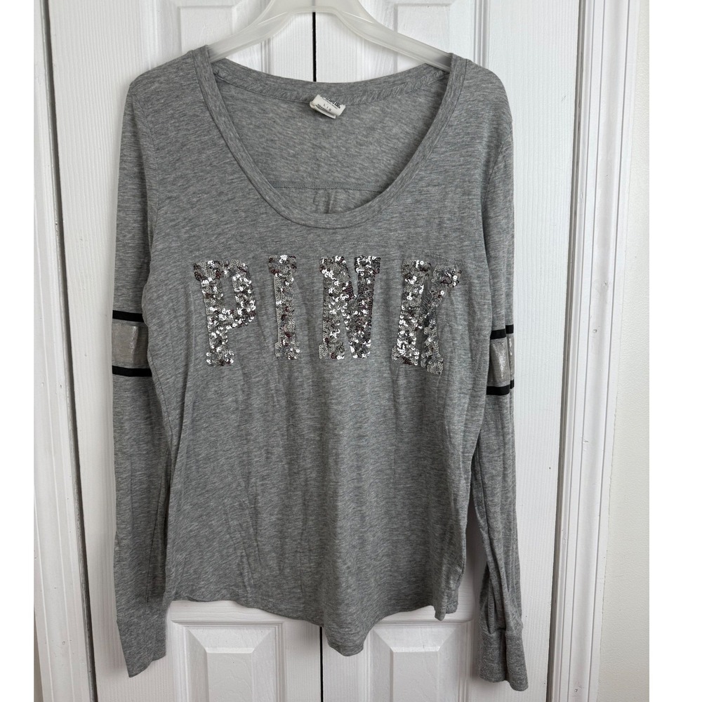 Pink Victoria's Secret Y2K Sequin Logo Varsity Long Sleeve Top L Bling